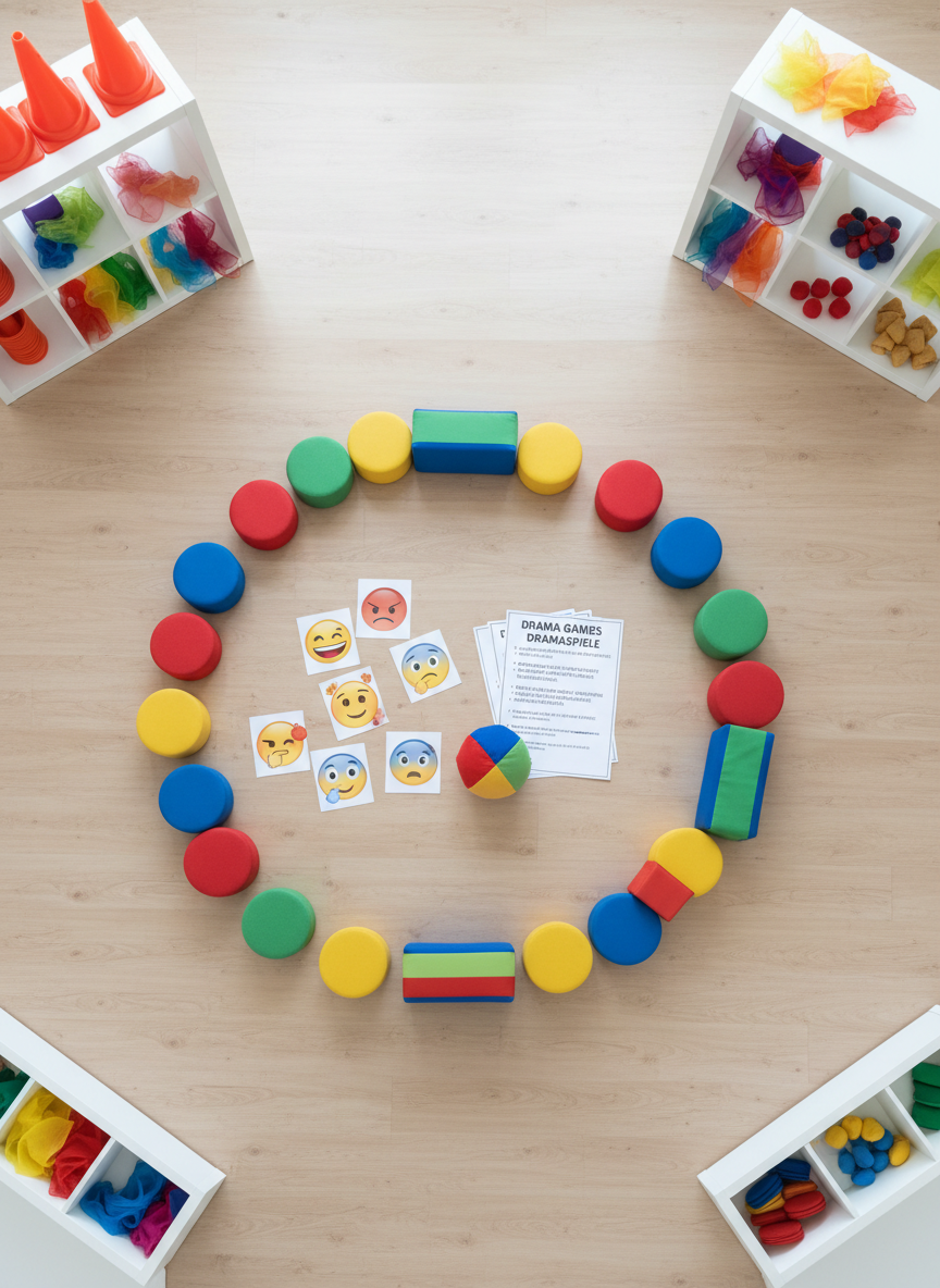 An overhead view of a large circle on a smooth wooden floor, marked by colorful floor spots and low foam cushions arranged for drama games. In the center, laminated cards with expressive emoji-style faces, a small soft ball, and a stack of game instruction sheets labeled in English and German signal structured activities. Around the circle, shelves hold neatly stored cones, scarves, and simple movement props. Bright, even studio lighting eliminates harsh shadows, giving a clean, modern, photographic look. The composition uses a symmetrical bird’s-eye perspective, creating a clear, organized pattern that feels energetic yet controlled. The mood is vibrant and playful while still professional, visually explaining how drama games help children build confidence and collaboration skills in a safe environment.