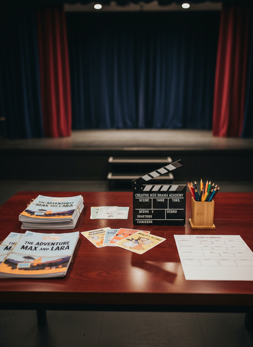 A close-up of a polished wooden table in a drama studio, covered with thoughtfully organized teaching materials: neatly stacked bilingual English-German scripts, laminated game instruction cards, a small clapboard labeled “Creative Kids Drama Academy,” and colored pencils beside blank scene-planning worksheets. In the background, slightly blurred, a low stage with simple fabric curtains in rich navy and burgundy adds depth. Warm, diffused overhead lighting creates a calm, focused atmosphere, with soft reflections on the table’s surface. Photographic realism, captured from a slightly elevated angle using shallow depth of field so the teaching resources are crisp and detailed while the stage recedes into a gentle bokeh, conveying professionalism and readiness for structured, creative learning.