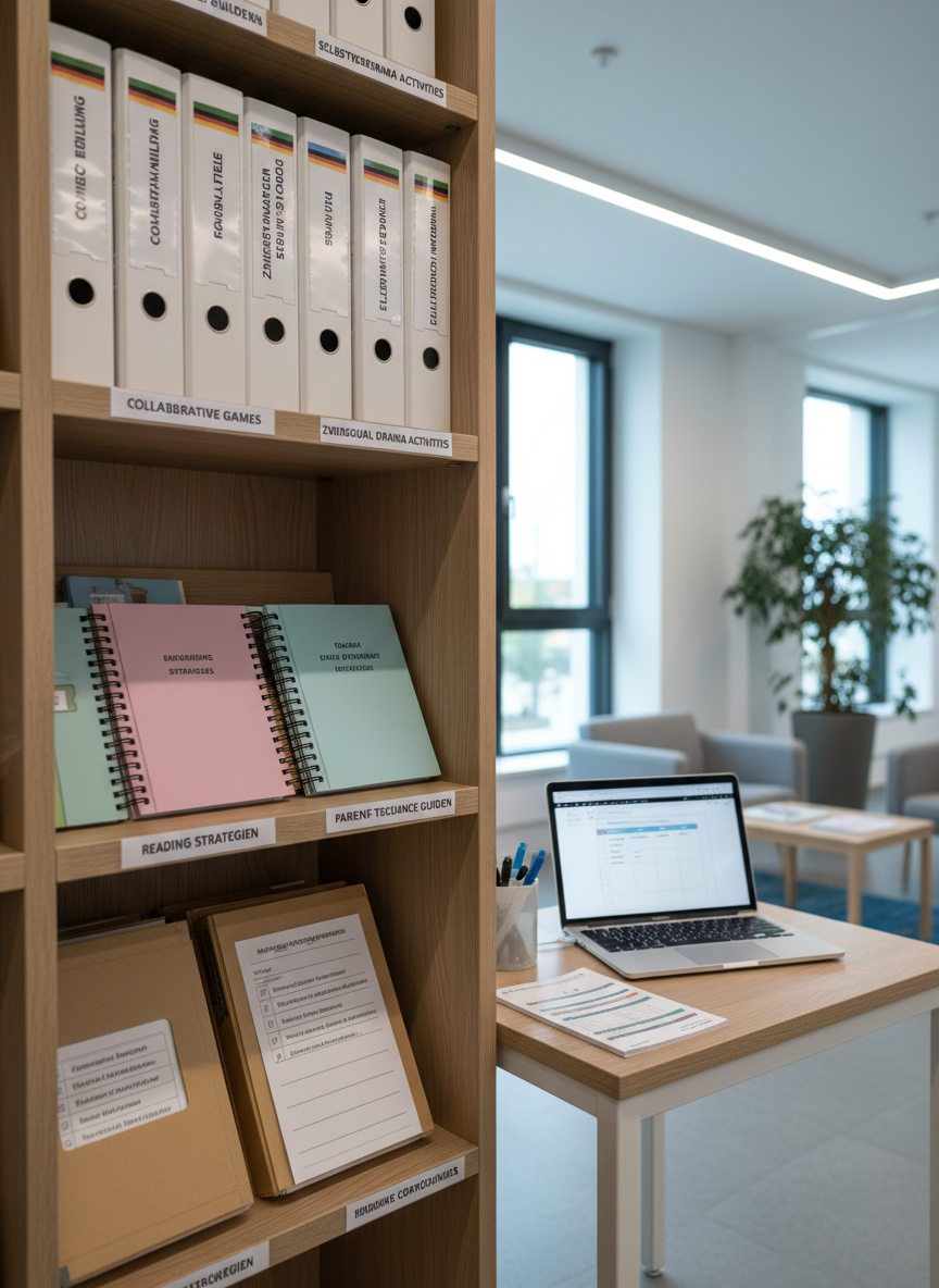 A modern parent–teacher resource nook within the academy, featuring a light oak bookshelf filled with carefully arranged binders, spiral-bound handbooks, and labeled folders on topics like “Confidence Building,” “Collaborative Games,” and “Bilingual Drama Activities.” A small, sleek desk holds an open laptop displaying a lesson plan template, alongside a tidy stack of printed schedules and a pen holder. Soft, cool daylight from a side window mixes with gentle overhead lighting, producing a neutral, focused atmosphere. Photographic realism, shot from a three-quarter angle with medium depth of field so book titles are readable while the background softly blurs. The scene feels professional, organized, and supportive, signaling to American and German parents and teachers that practical, well-designed guidance is readily available.