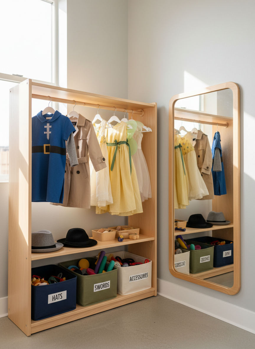 A neat costume and props corner designed for children, with sturdy open racks displaying small, well-made costumes: a knight’s tunic, a simple fairy dress, a detective trench coat, all in primary colors and neutral tones. Beneath, labeled fabric bins hold hats, soft foam swords, and non-threatening accessories safe for kids. A full-length, shatterproof mirror with rounded edges reflects the organized space. Soft, natural light from a nearby window combines with warm ceiling lights, creating an inviting glow and gentle shadows that highlight textures of cotton and felt. Photographic realism, composed with the racks on the rule of thirds, shot at child eye level to emphasize accessibility, conveying a sense of imaginative possibility within a carefully structured, professional academy setting.